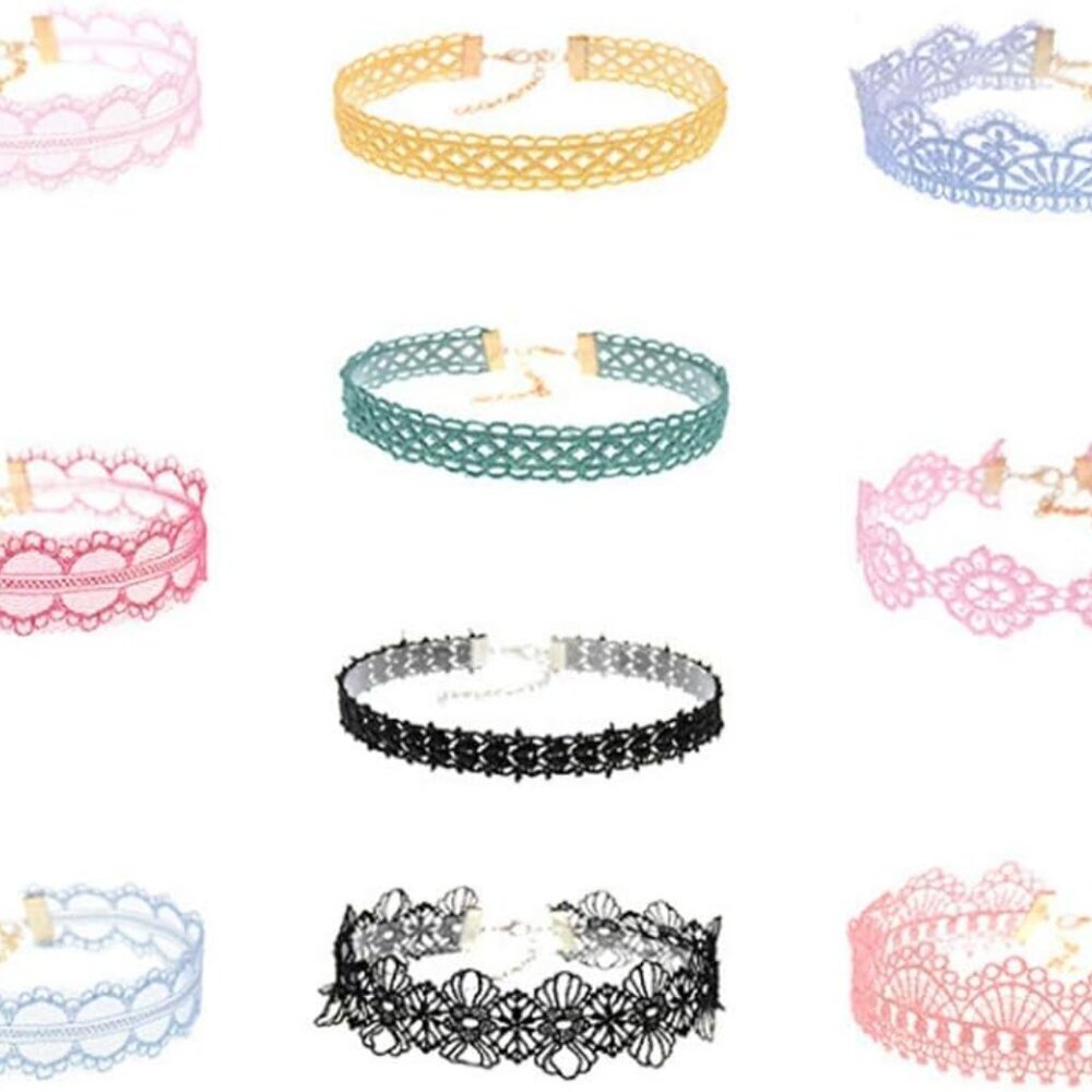 10Pcs Womens Choker Necklaces Assorted Color Lace Charm Stretch Gothic Tattoo Ch